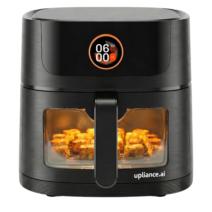 The upliance air fryer, 6 litre, with food visible through its window