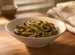 A bowl of crisp, spiced kurkuri bhindi