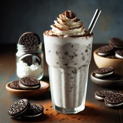 A tall glass of the finished Oreo milkshake